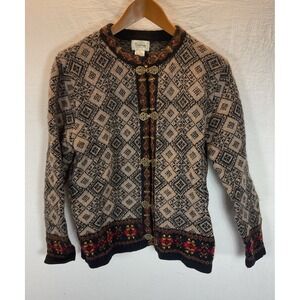 Cambridge Dry Goods Fair Isle 100% Wool Black Tan‎ Cardigan Sweater Size M